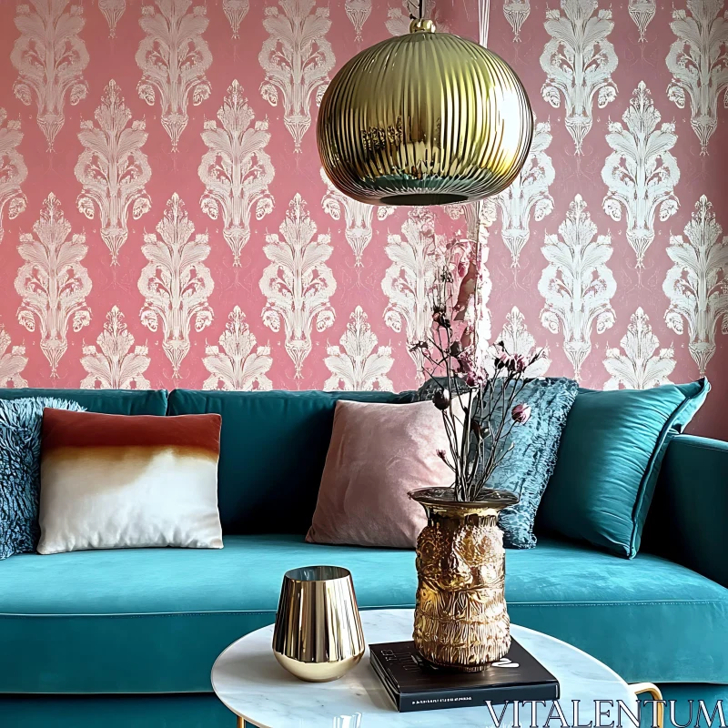 Stylish Home Decor with Teal Couch AI Image