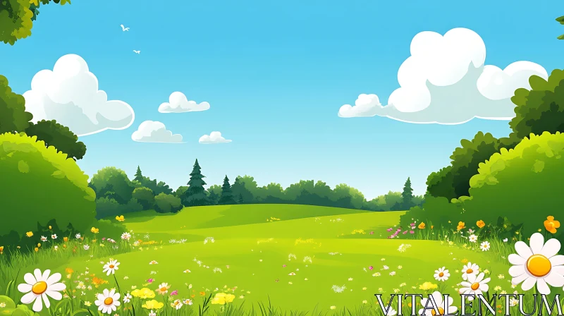 AI ART Cartoon Meadow with Flowers and Sky