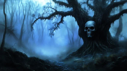 Mystical Skull Tree in Blue Forest