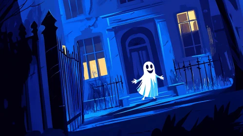 Cartoon Ghost in Front of Haunted House