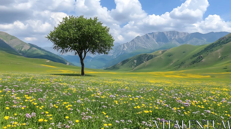 Scenic Meadow with Tree and Mountains AI Image