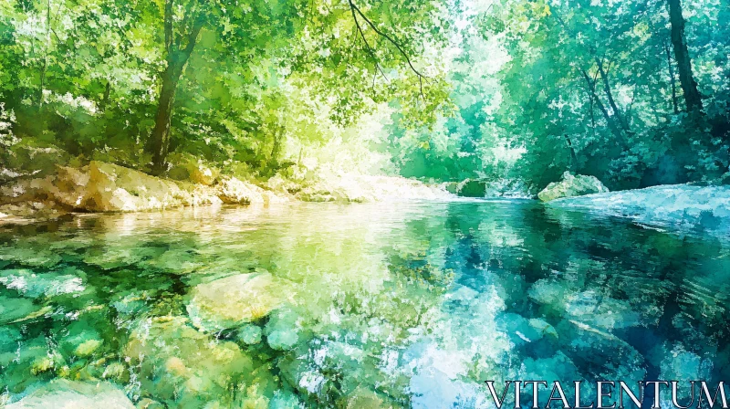 AI ART Peaceful River Scene in a Sunlit Forest