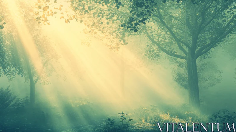 Misty Morning in a Serene Forest AI Image