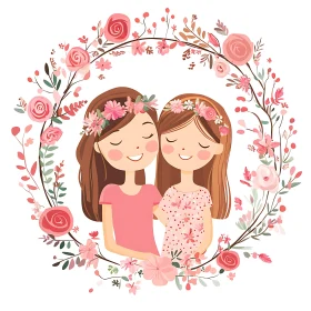 Two Girls Floral Embrace Artwork