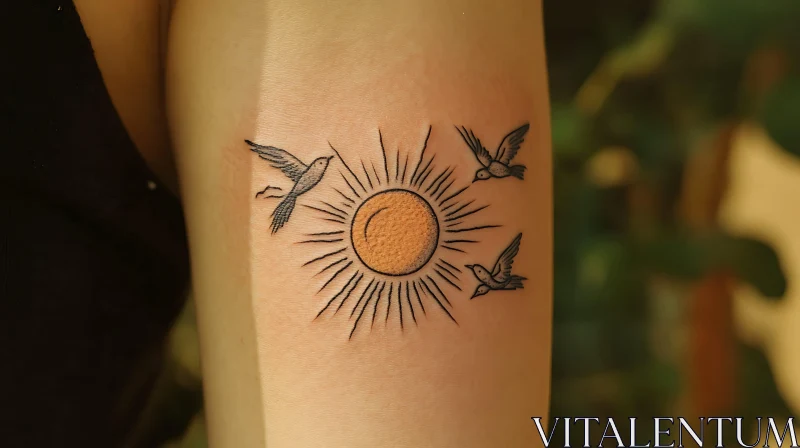 Elegant Bird and Sun Arm Tattoo AI Image