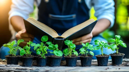 Gardener Reads Book Surrounded by Plant Seedlings