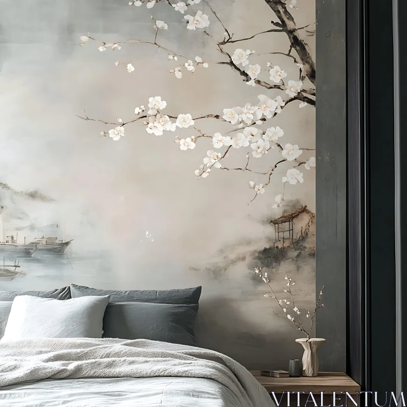 Bedroom Interior with Nature Inspired Art AI Image