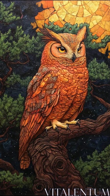 AI ART Owl Perched on Tree under Starry Sky