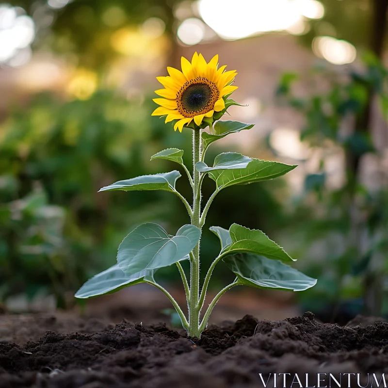 Lone Sunflower Blossom in Garden Soil AI Image