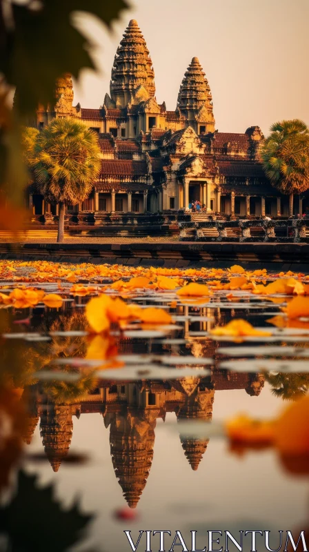 AI ART Angkor Wat Reflection: Majestic Beauty in Light Orange and Amber
