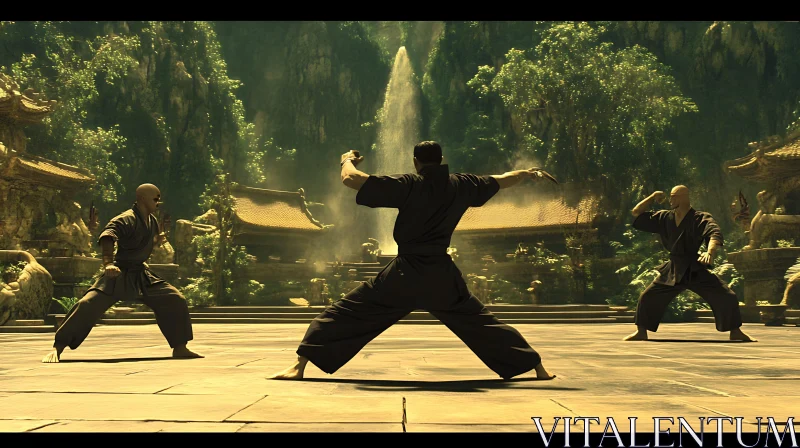 Martial Arts Temple Waterfall AI Image