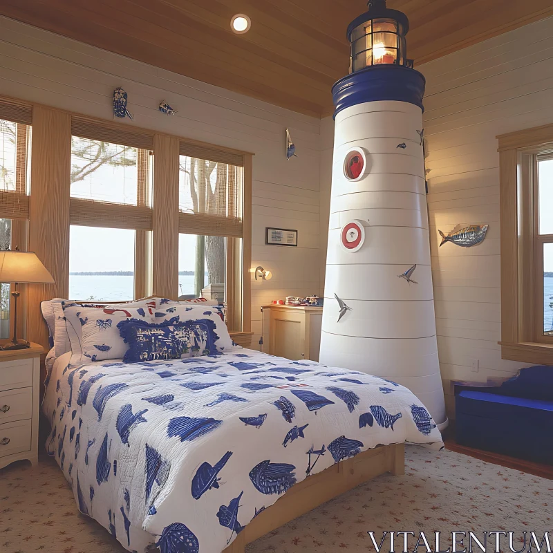 Coastal Bedroom with Lighthouse Structure AI Image