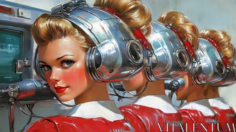 Futuristic Retro Women in Metallic Helmets AI Image