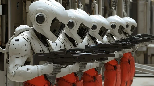 Line of Armed Futuristic Robot Warriors