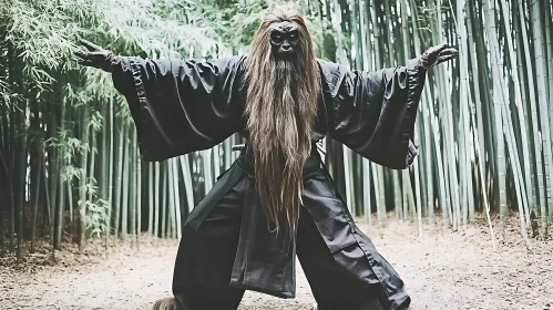 Enigmatic Masked Figure in Bamboo Grove