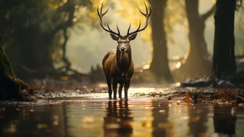 Deer in Dark Forest - Traditional British Landscape