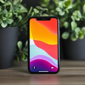 Smartphone on Wooden Table with Plants