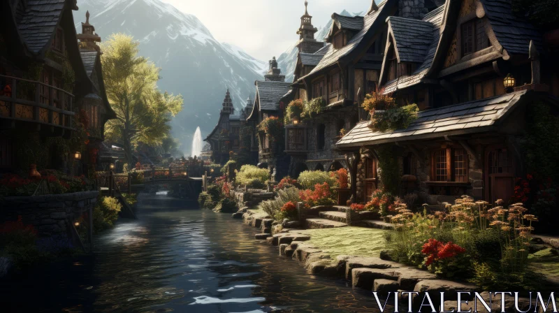 Enchanting Realms: Fantasy Town Surrounded by Nature's Beauty AI Image