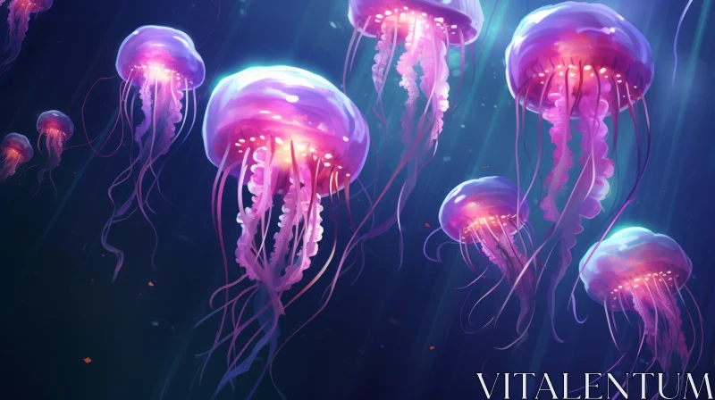 Energetic Illustration of Purple Jellyfish in the Deep Blue Sea AI Image