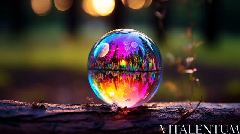 Spectrum-Colored Glass Ball Amidst Forest Setting AI Image