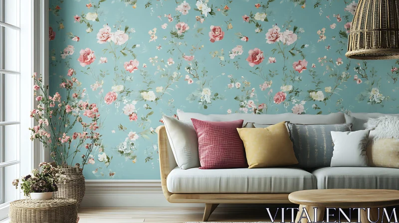 AI ART Elegant Room with Floral Wallpaper and Sofa