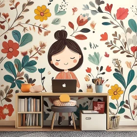 Girl at Desk with Floral Background Art