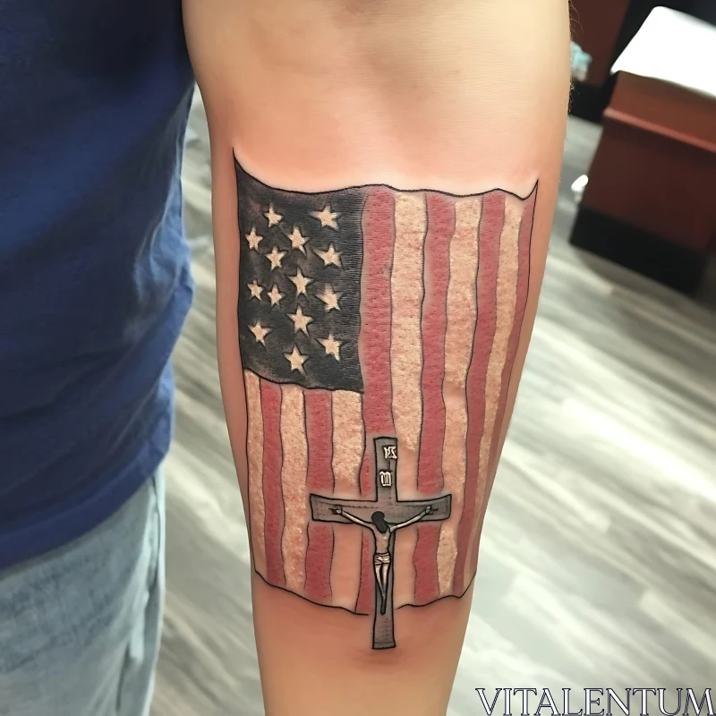 Forearm Tattoo Featuring American Flag and Crucifix AI Image