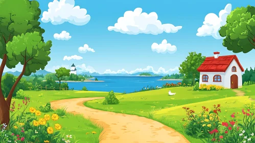 Idyllic Cartoon Meadow Scene