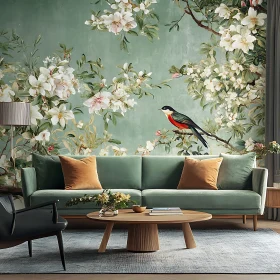 Green Sofa and Bird in Floral Interior