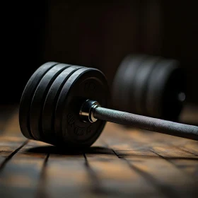 Barbell with Weights on Wooden Gym Floor