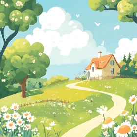 Cartoon House among flowers