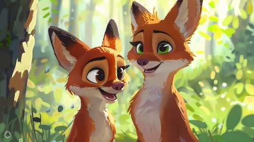 Cartoon Foxes in Sunny Woods