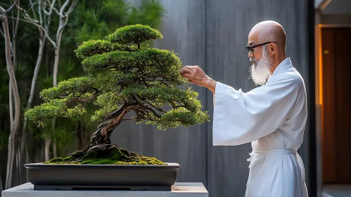 Tranquil Bonsai Tree Pruning Scene