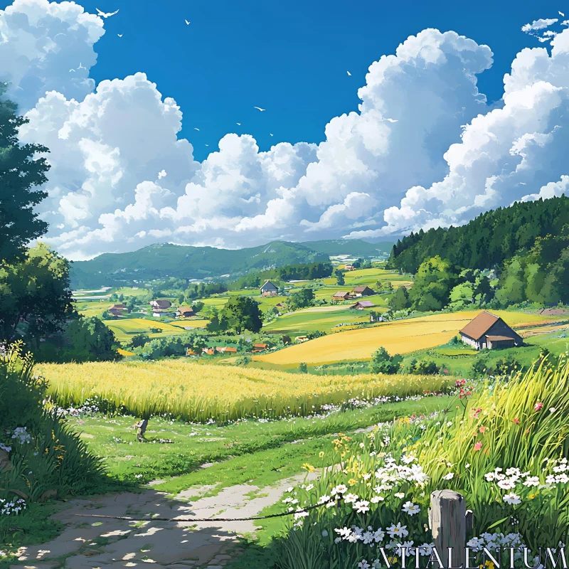 Golden Field and Blue Sky Landscape AI Image