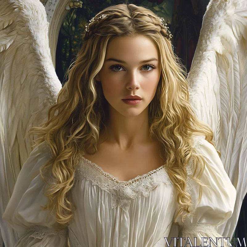 Angel in White Dress with Feathered Wings AI Image