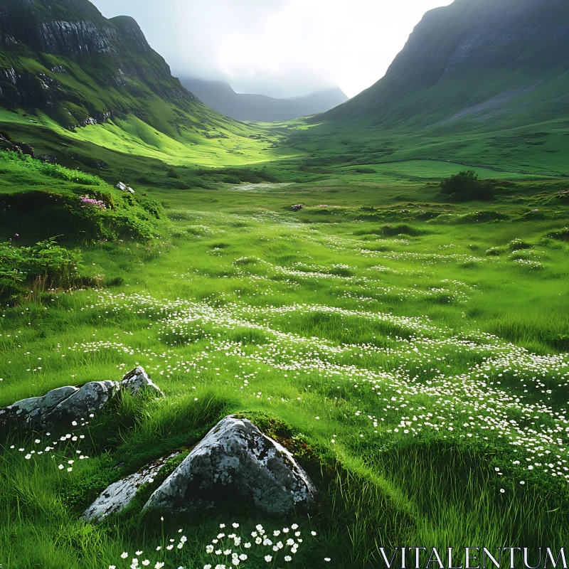 Mountain Valley Meadow with Flowers AI Image