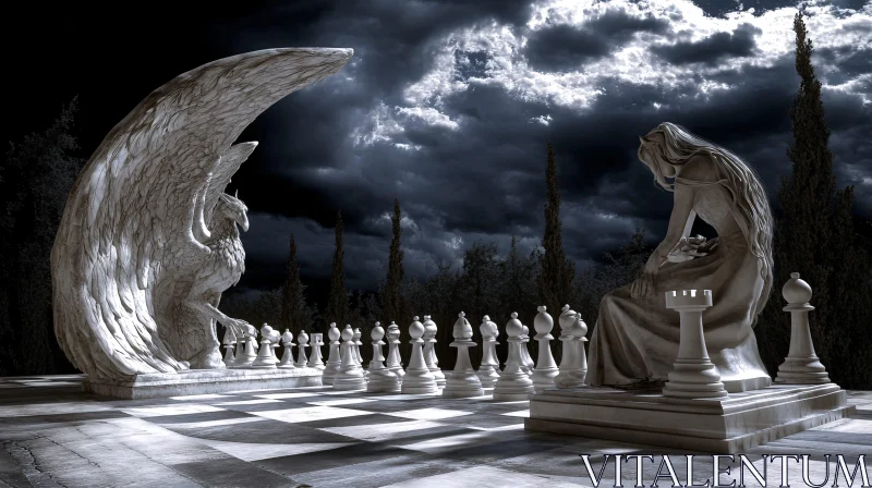 AI ART Chess Game with Winged Statue