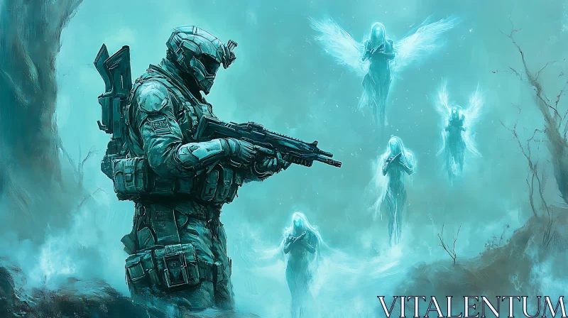 AI ART Futuristic Soldier Protected by Ethereal Angels