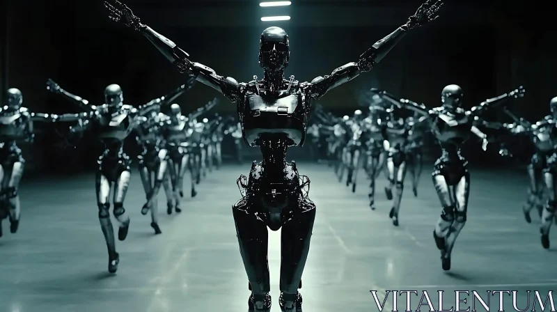 Robotic Procession: Futuristic Metallic Figures AI Image