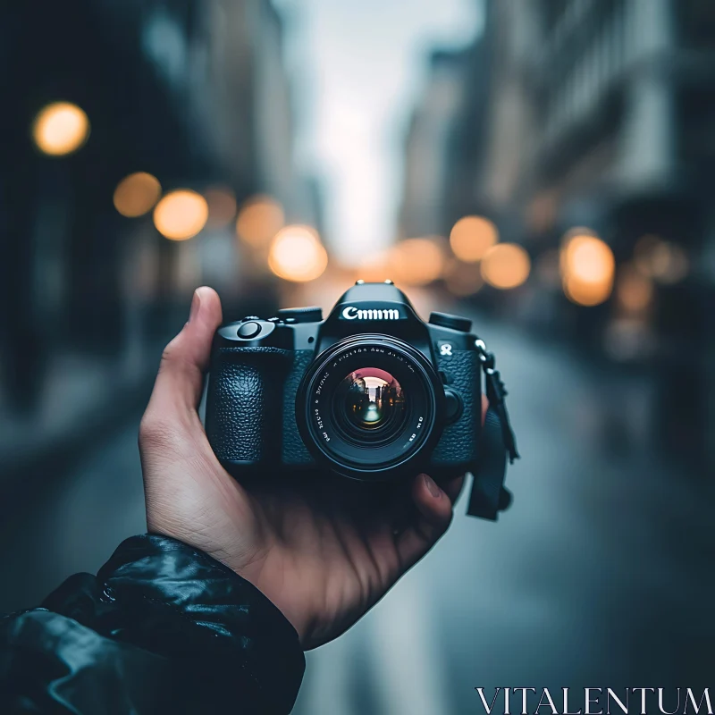 AI ART Focused Camera Lens with Blurred Urban Lights