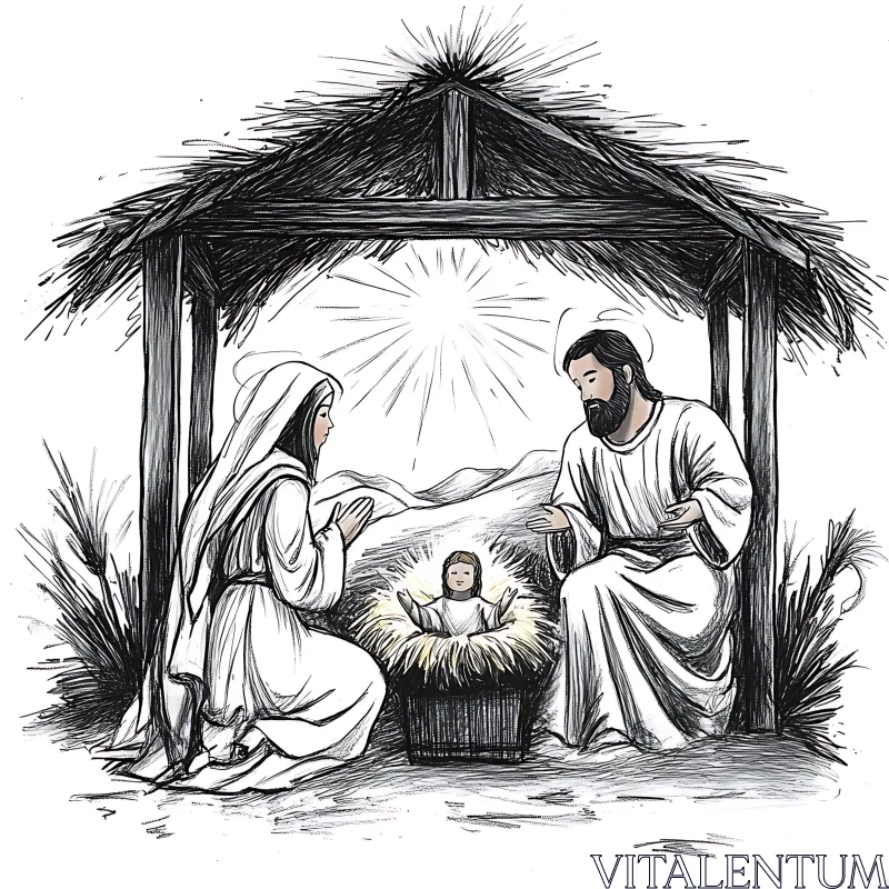 Monochrome Nativity Scene Illustration AI Image