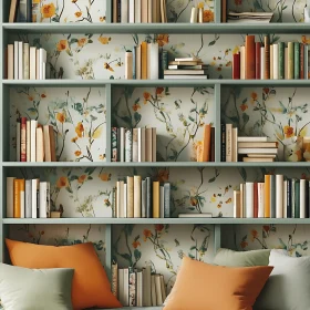 Bookshelf with Floral Wallpaper