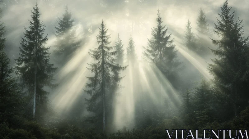 AI ART Sunlit Misty Pine Forest