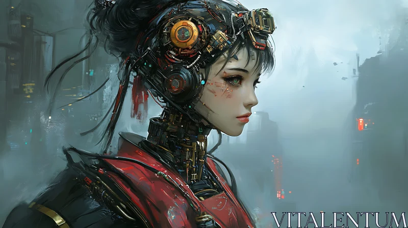 Female Cyborg Portrait with Futuristic Backdrop AI Image