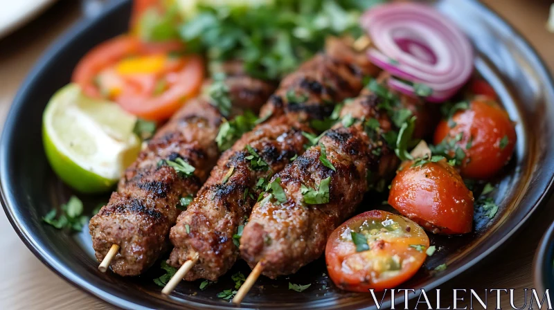 Grilled Kebabs with Fresh Vegetables on a Platter AI Image