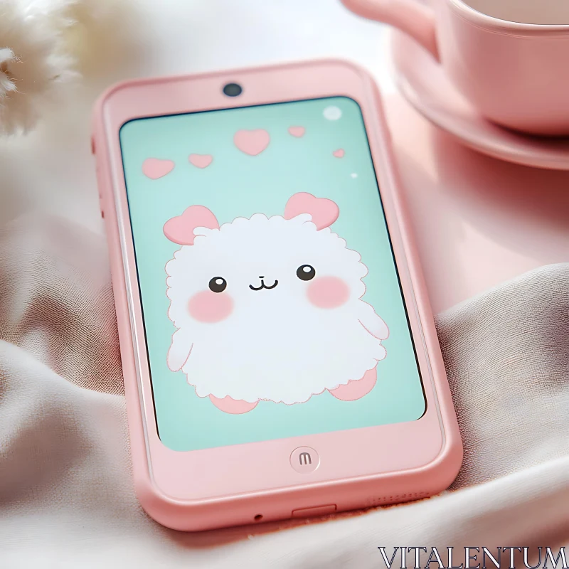 Pink Smartphone with Cute Cartoon Design AI Image