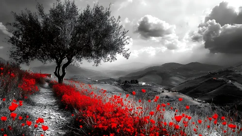 Red Flowers in Monochrome Dreamscape