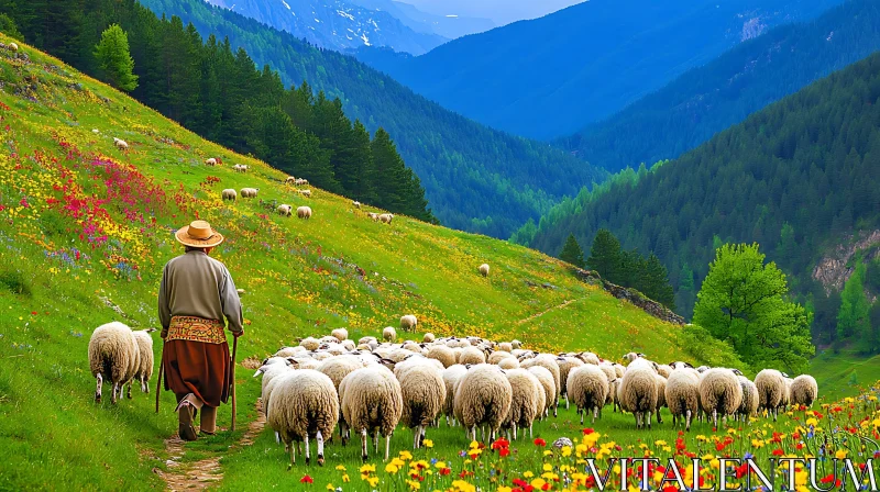 AI ART Shepherd and Sheep in Alpine Meadow