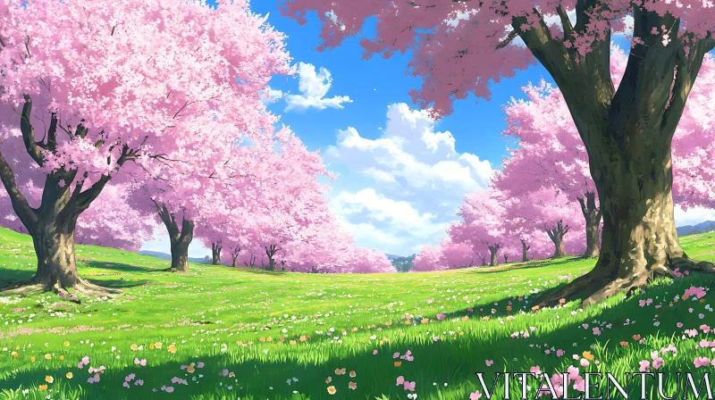 Spring Meadow with Cherry Blossom Trees AI Image