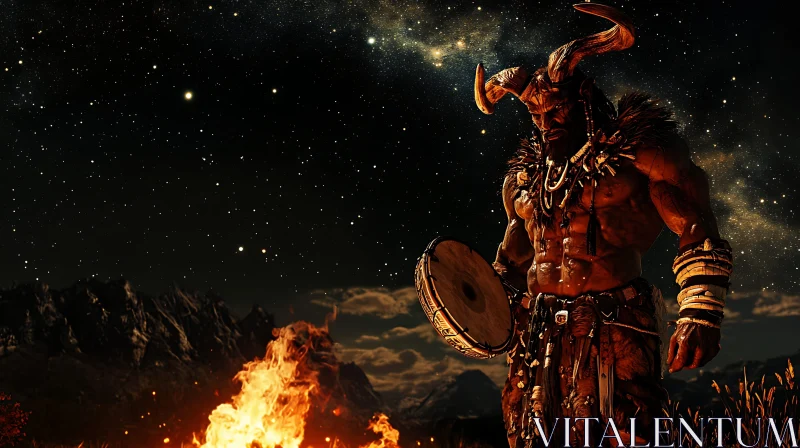 AI ART Horned Warrior with Drum by Night Fire